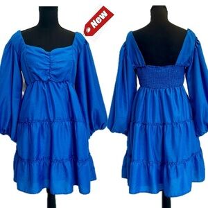 Beyond Words blue puff balloon sleeve ruffle frill smocked babydoll dress L NWT
